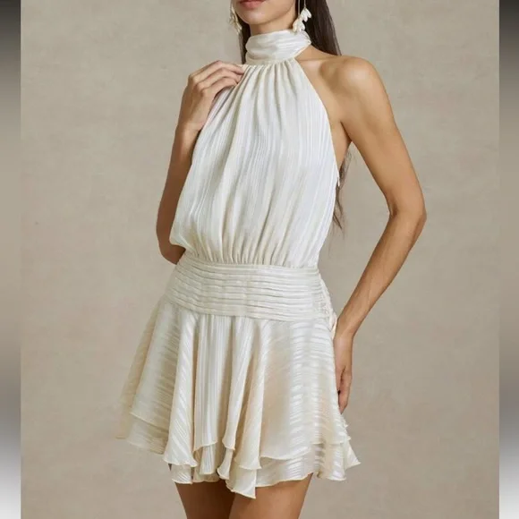 Ruffle hem satin ivory off white mock neck tie open back halter mini dress - Picture 6 of 11